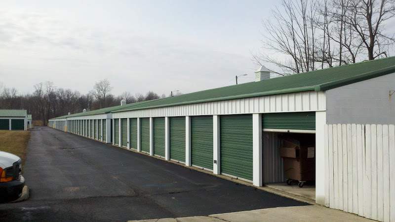 long row of green and white storage unit